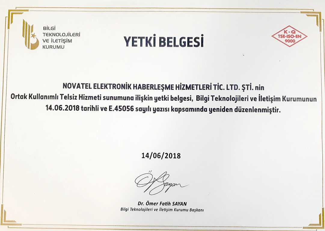 Novatel BTK OKTH Yetki Belgesi